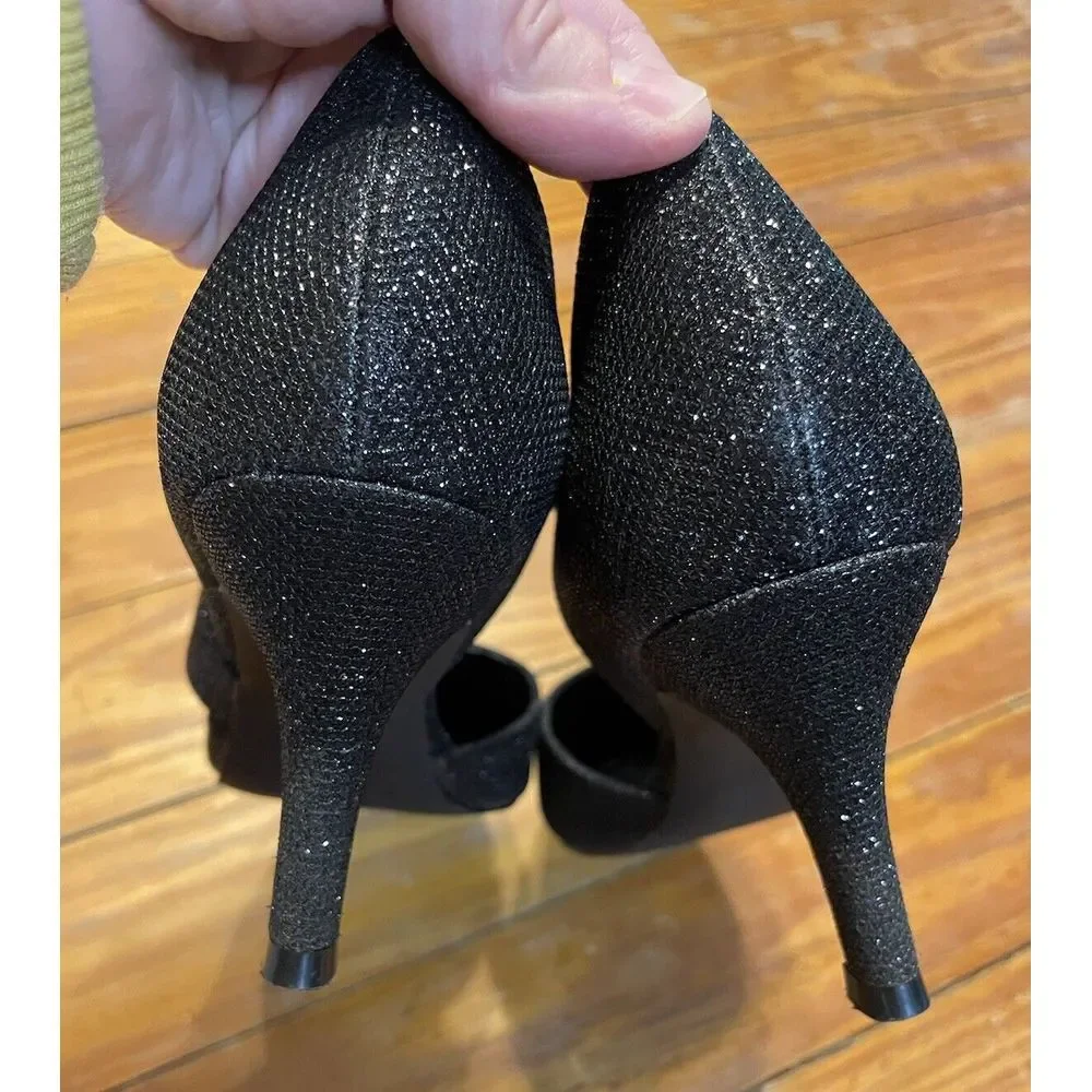 Mysoft Pointed Toe Low Stiletto Heel Black Glitter Dress Pumps Size 6.5‎ EUC